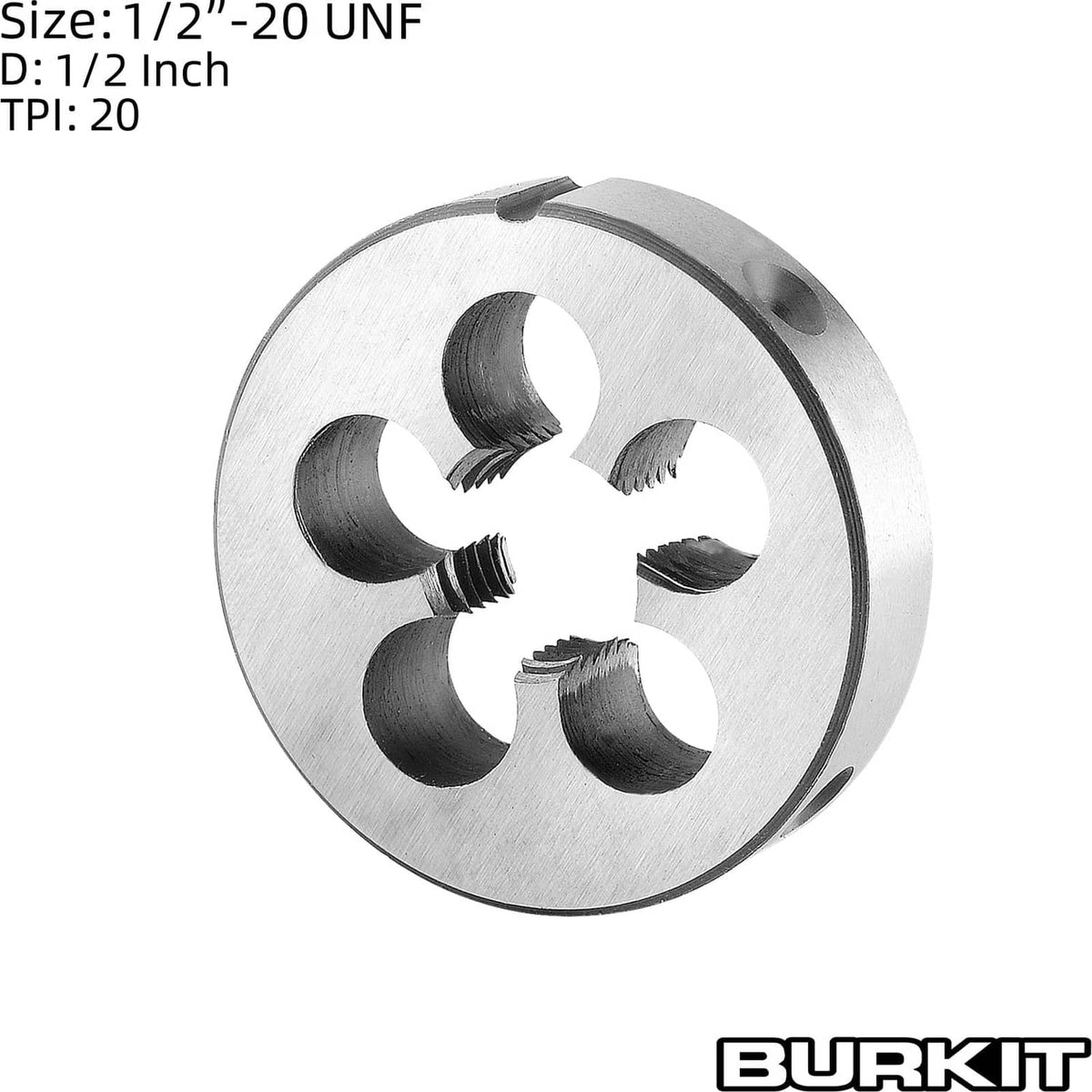 Round threading die showing 1/2-20 UNF size text, silver steel with cutting grooves