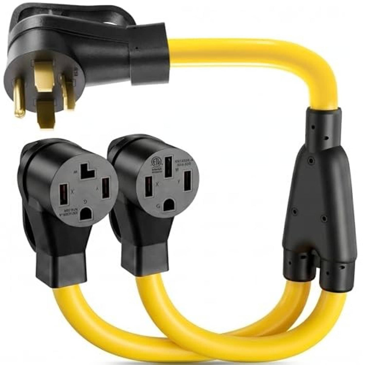 Yellow-cord outlet splitter with two black 4-prong adapter plugs and molded grips