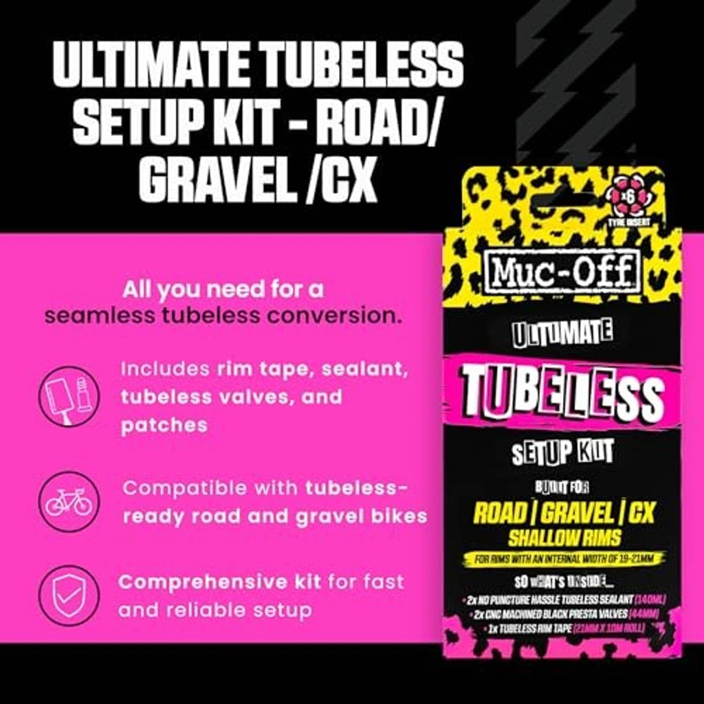 Ultimate tubeless setup kit box panel showing kit contents and compatibility icons