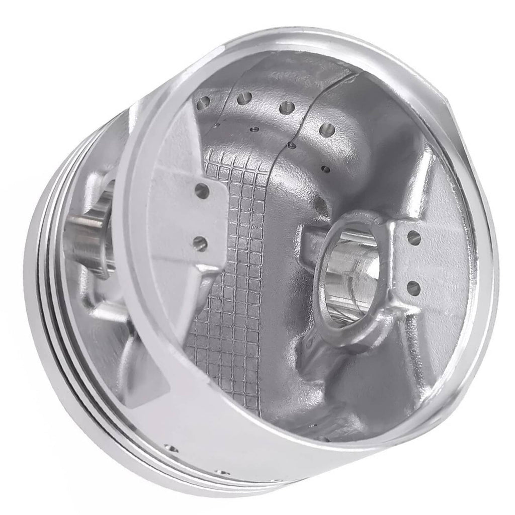 Silver piston crown with cylinder skirt details and wrist-pin area