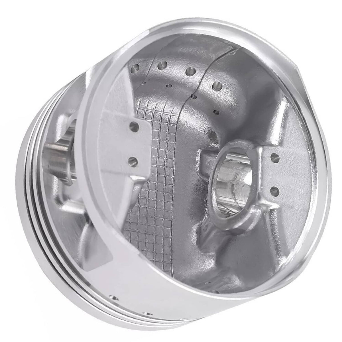 Silver piston crown with cylinder skirt details and wrist-pin area
