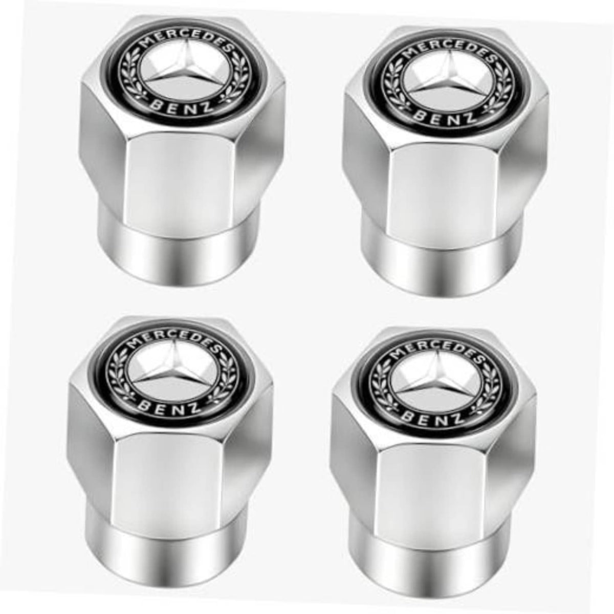 Silver metal tire valve stem cap with Mercedes-Benz emblem and black seal ring