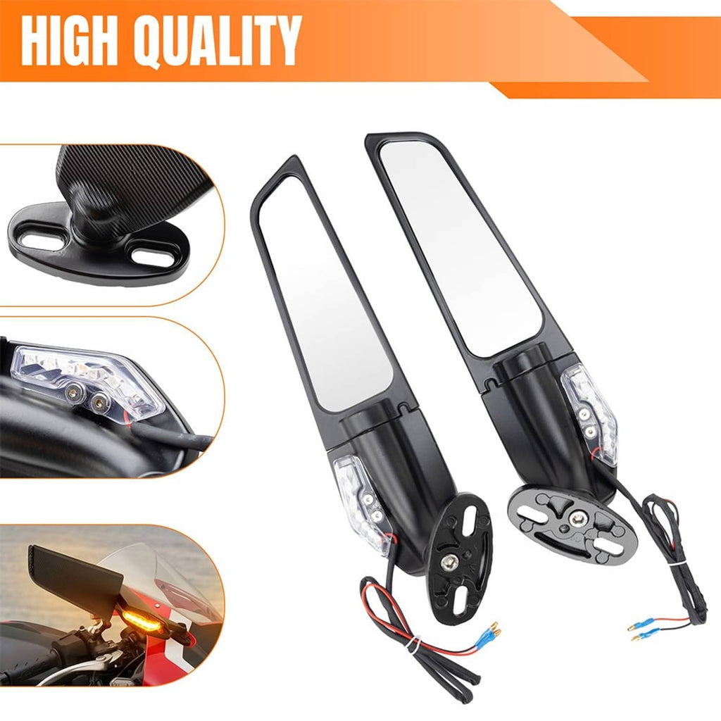 Pair of black motorcycle wing mirrors with clear lenses and integrated front turn signals.