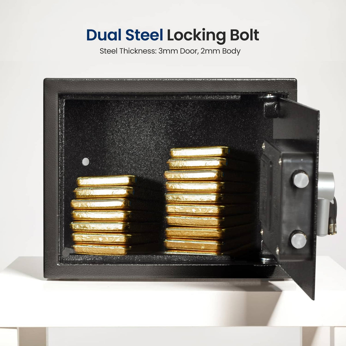 Black safe door open showing dual steel locking bolts and keypad