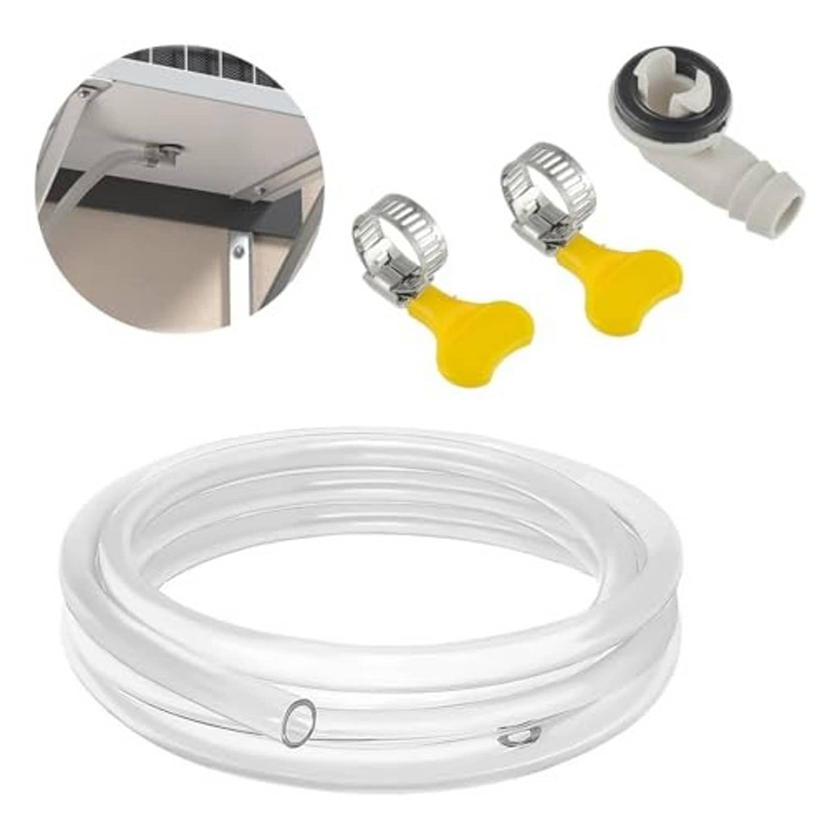 Transparent drain hose kit with white connector ends and two yellow-handled fasteners
