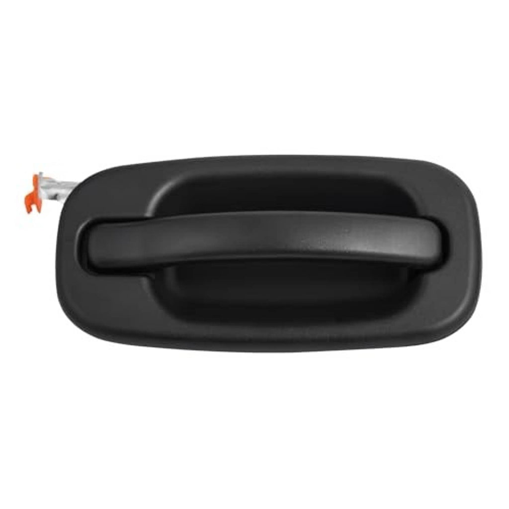 Textured black exterior rear passenger door handle, smooth pull bar