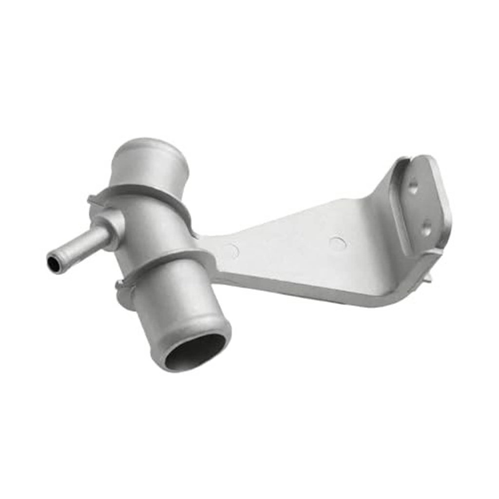 Engine coolant outlet pipe assembly with metal mounting bracket and dual hose ports