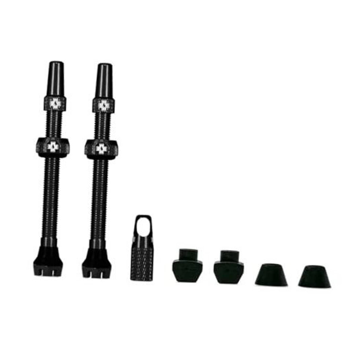 Set of two black Presta tubeless valves with caps and extra rubber bases