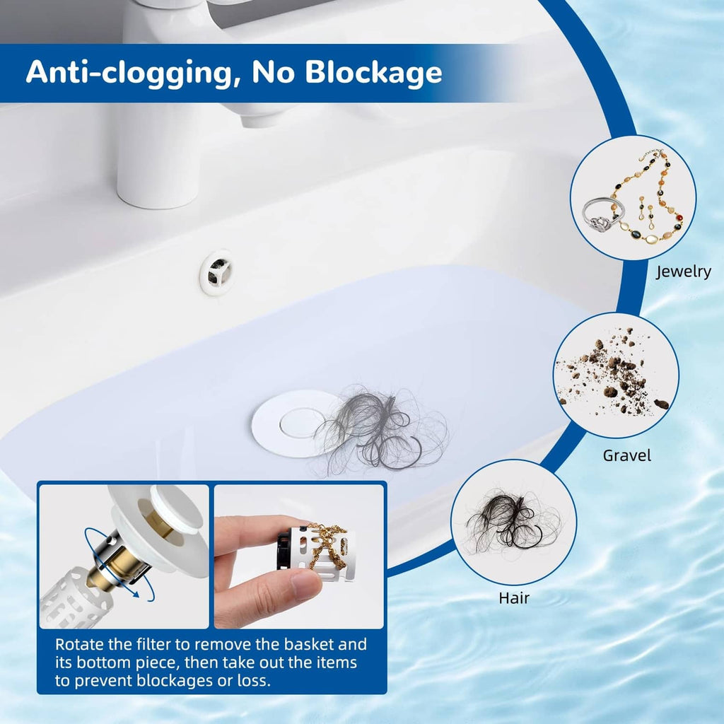 White pop-up sink drain strainer with stainless basket and gold accents