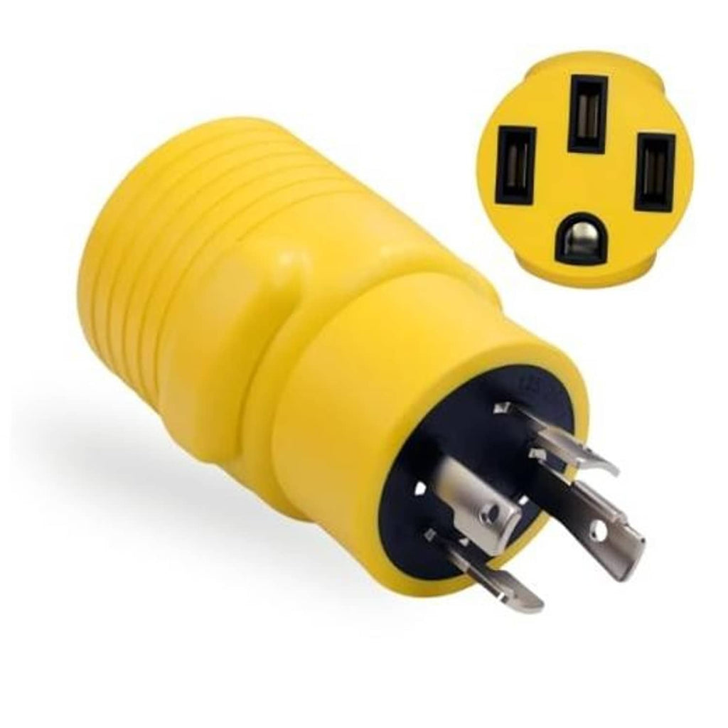 Yellow 30A to 50A generator adapter with twist-lock 4-prong plug and connector
