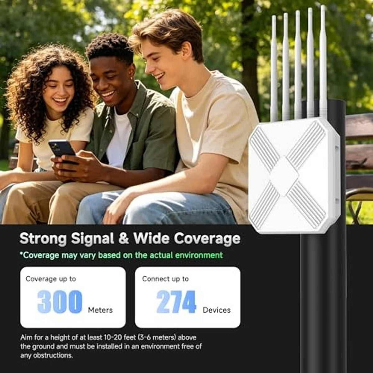 White Wi-Fi 6 access point with four antennas beside people outdoors