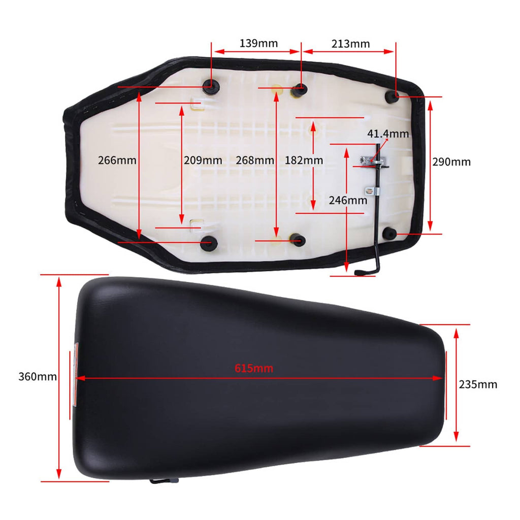 ATV seat underside layout showing base pan, mounting tabs, and dimension markers