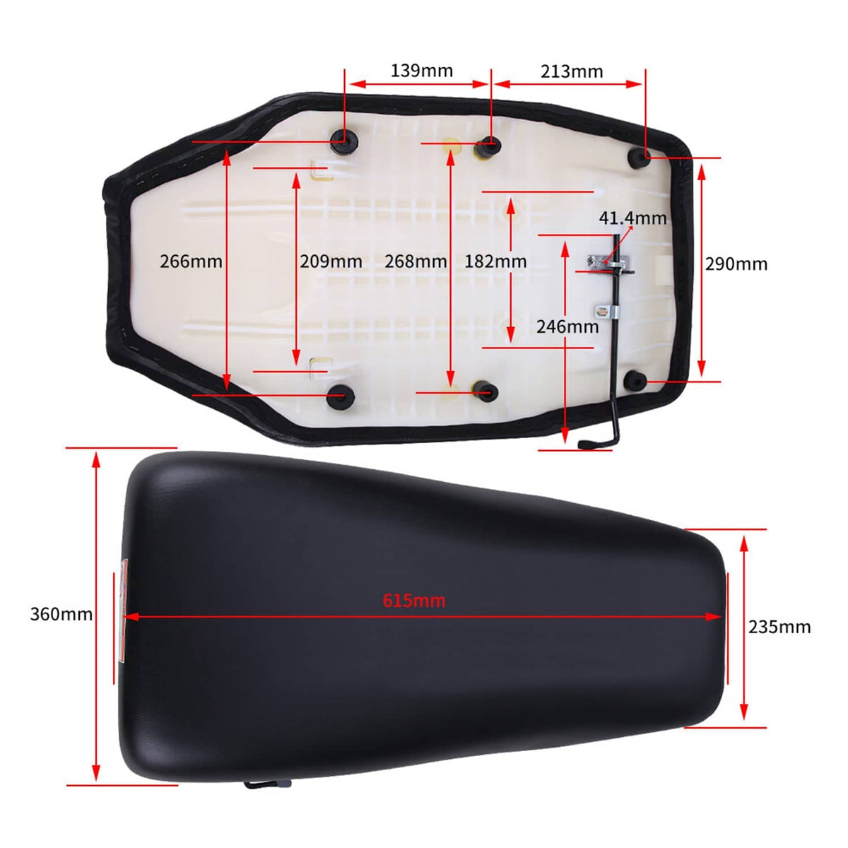 ATV seat underside layout showing base pan, mounting tabs, and dimension markers