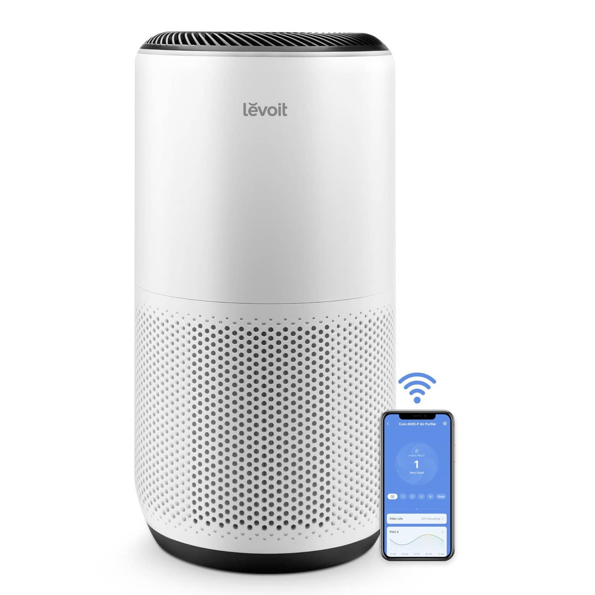 Cream white air purifier with top vents and perforated front grille