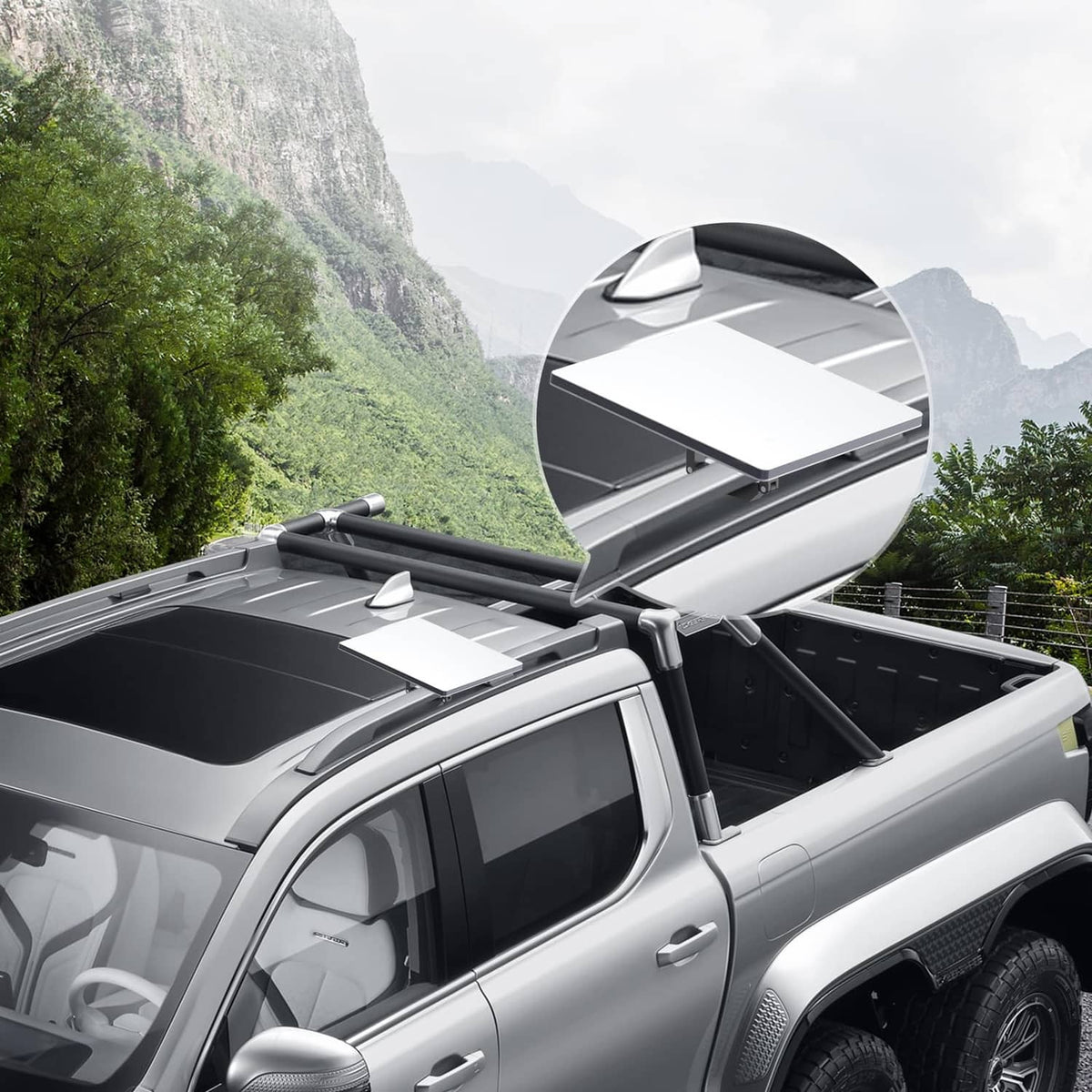 Gray roof mount bracket on a vehicle roof rack with attached satellite dish base