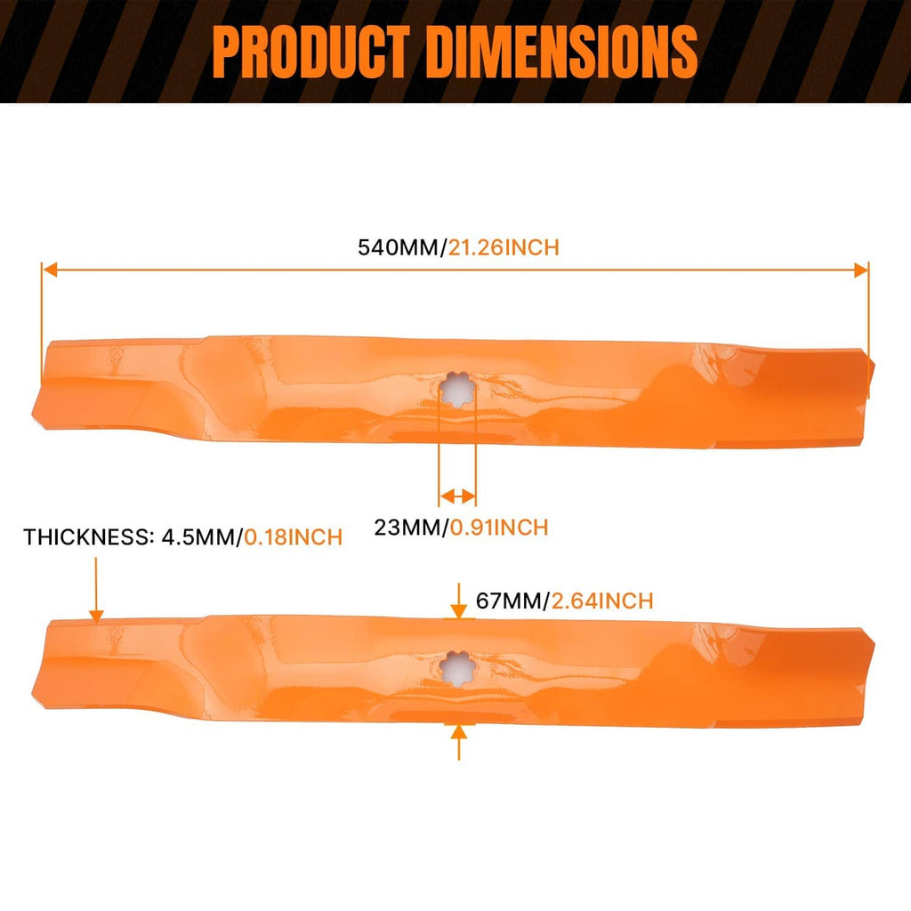 Pair of orange mower deck blades shown with thickness and length measurements