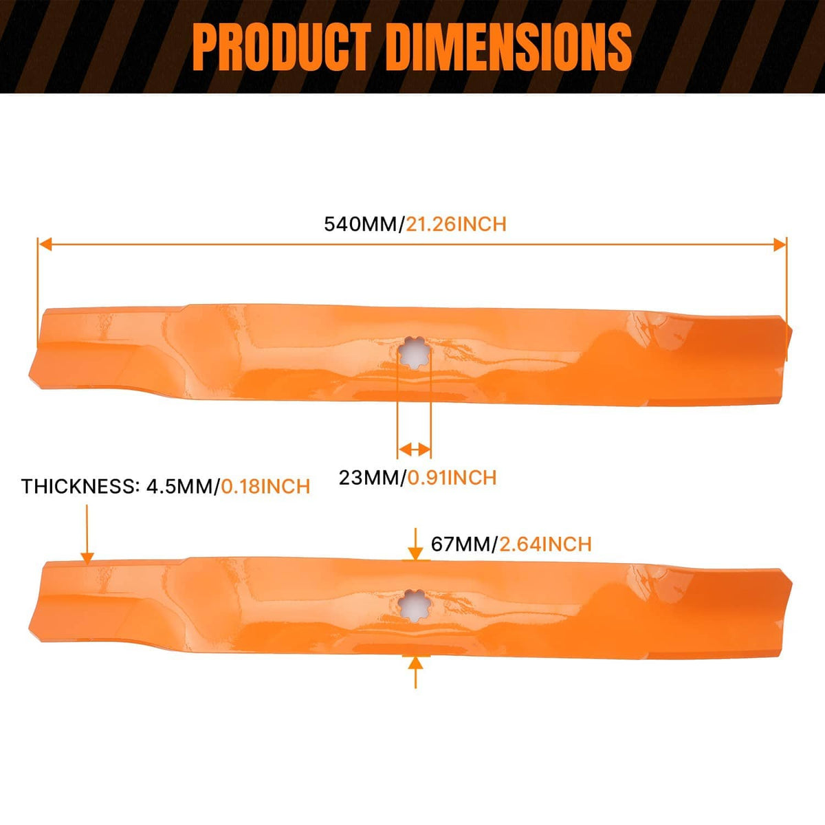 Pair of orange mower deck blades shown with thickness and length measurements