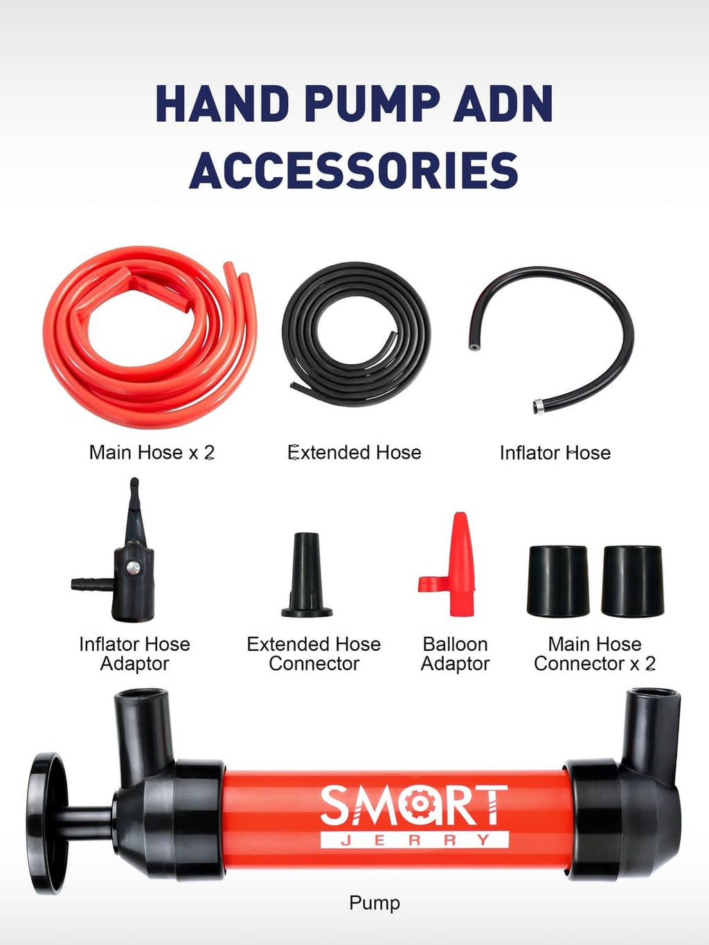 Smart Jerry red hand pump with main hose, inflator hose, and adapters kit