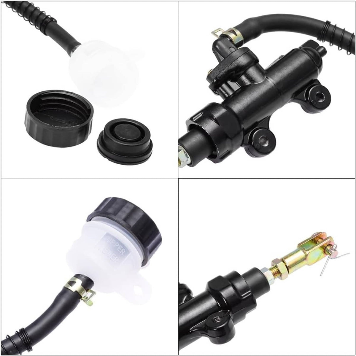 Rear brake master cylinder pump components: reservoir, grommet, cap, and hoses