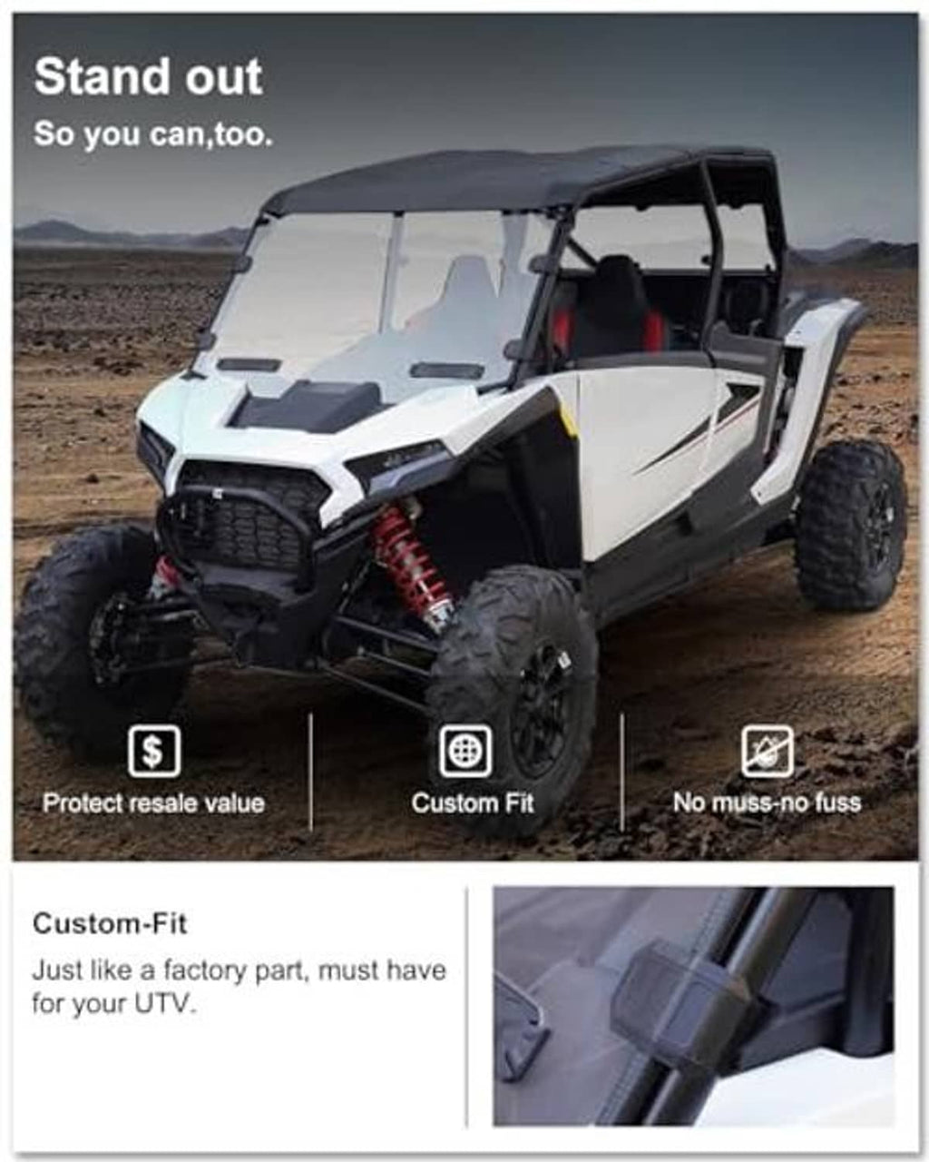 Vented full windshield for UTV, side-mounted tinted screen with black brackets