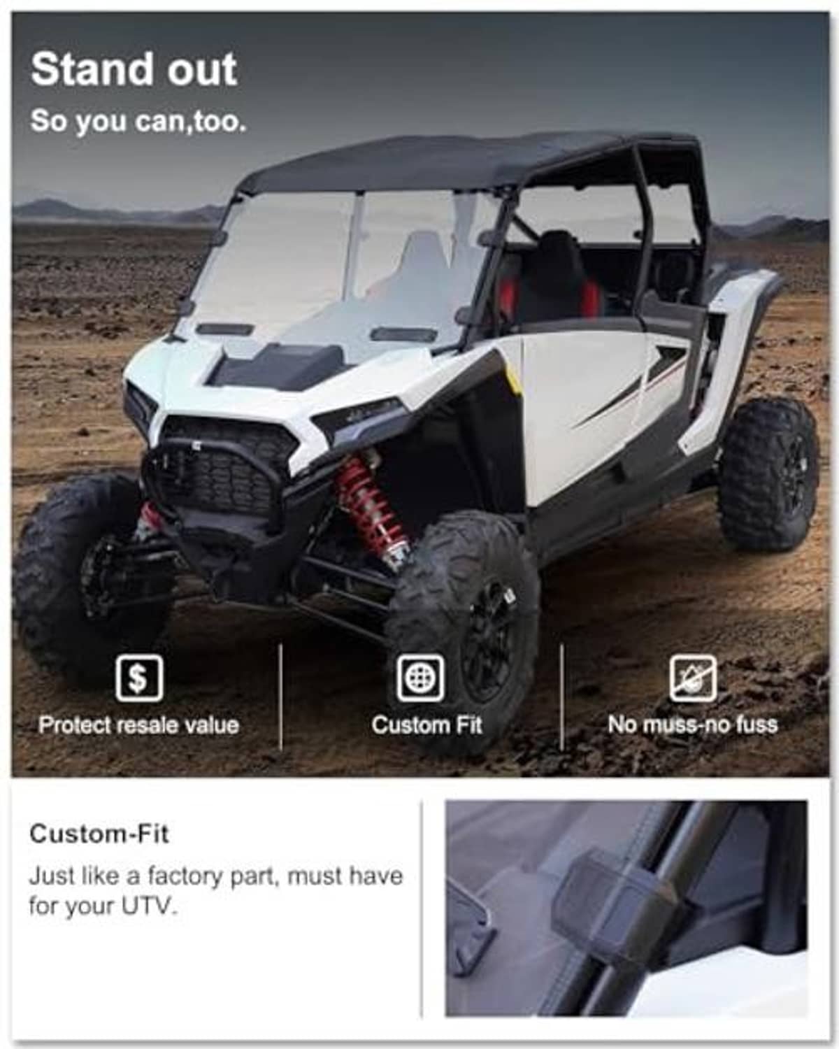 Vented full windshield for UTV, side-mounted tinted screen with black brackets