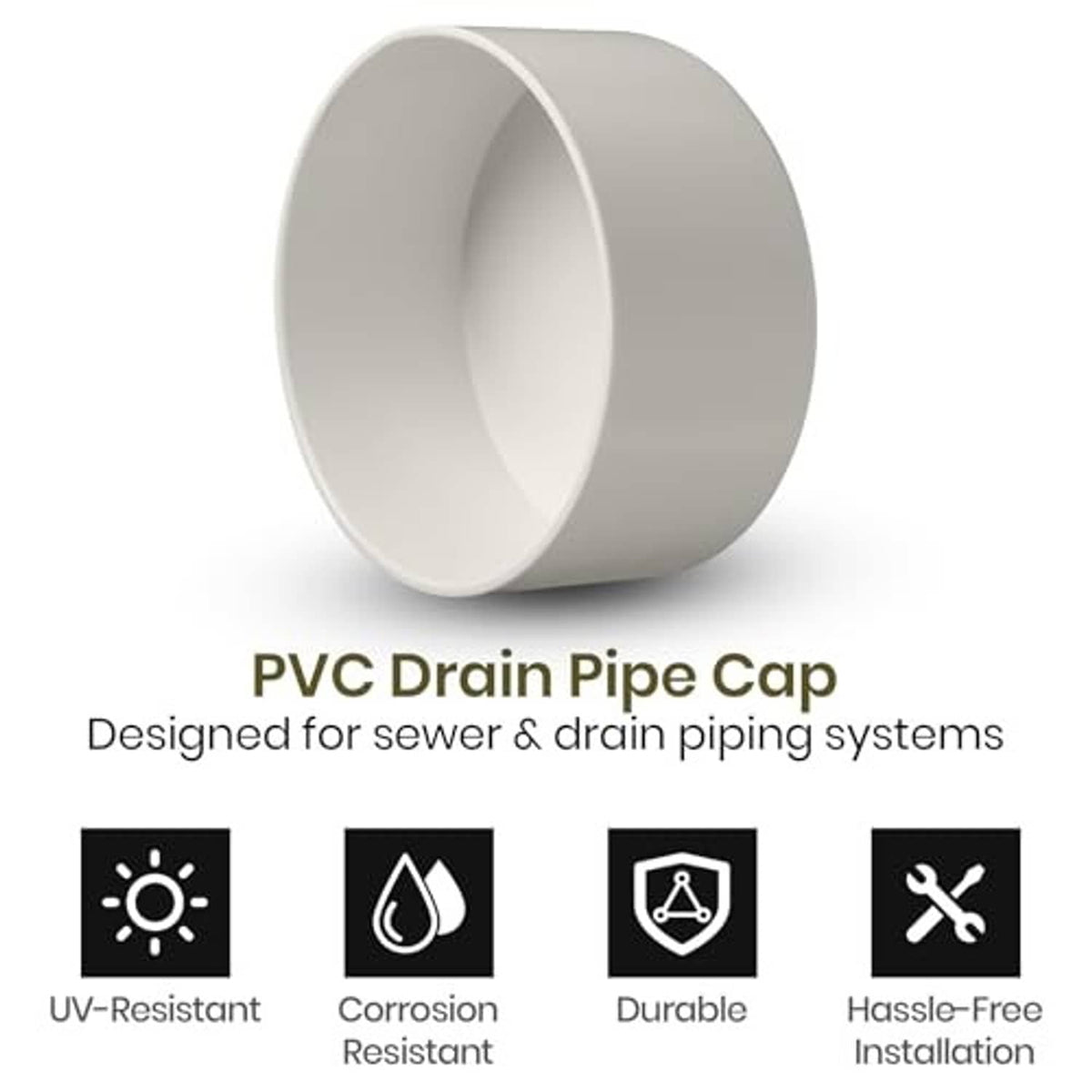 PVC drain pipe cap with flared hub end, light gray, single cap view