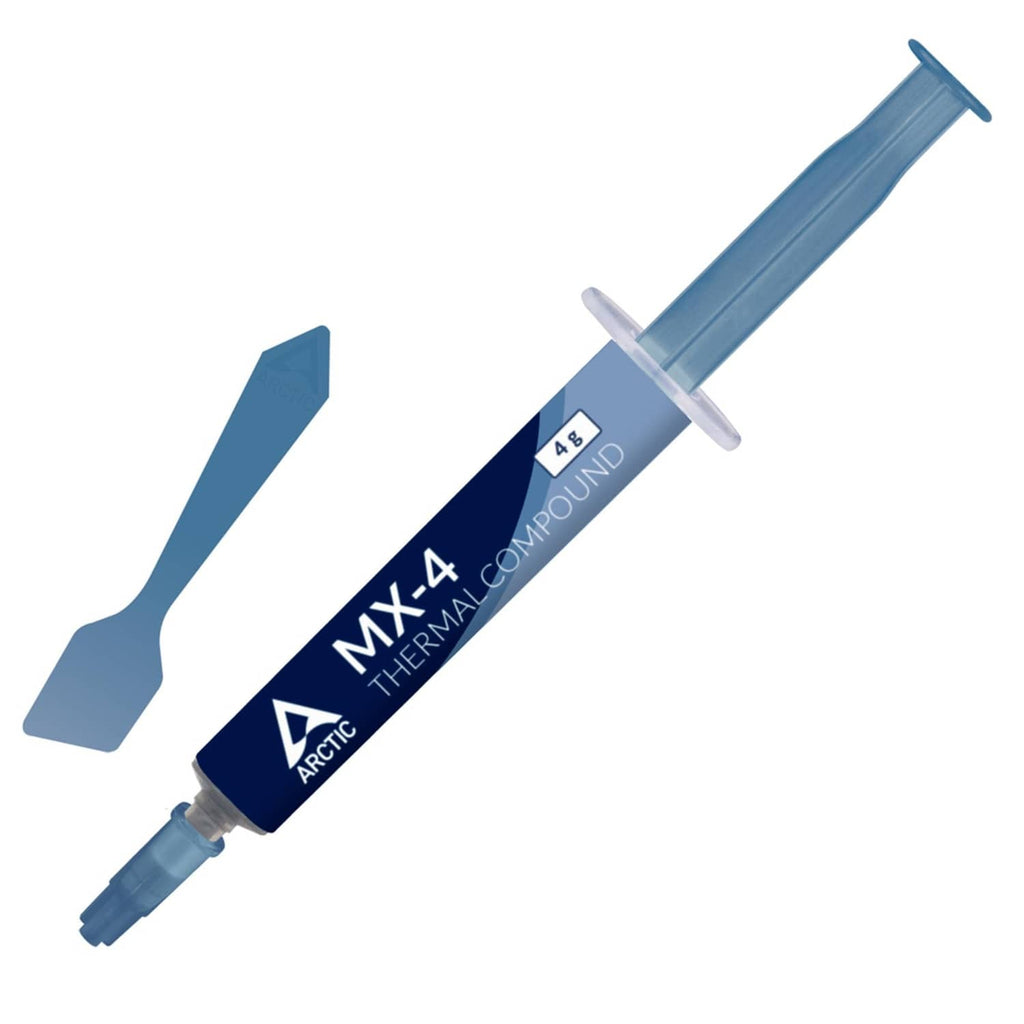 Grey thermal paste syringe with blue applicator spatula and dispensing nozzle
