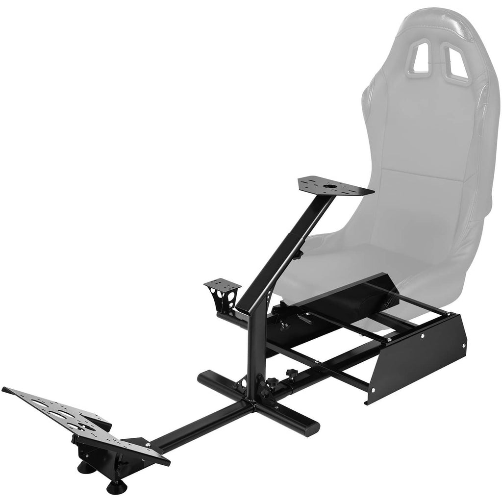 Racing simulator wheel stand with seat mount, black metal frame and adjustable plates