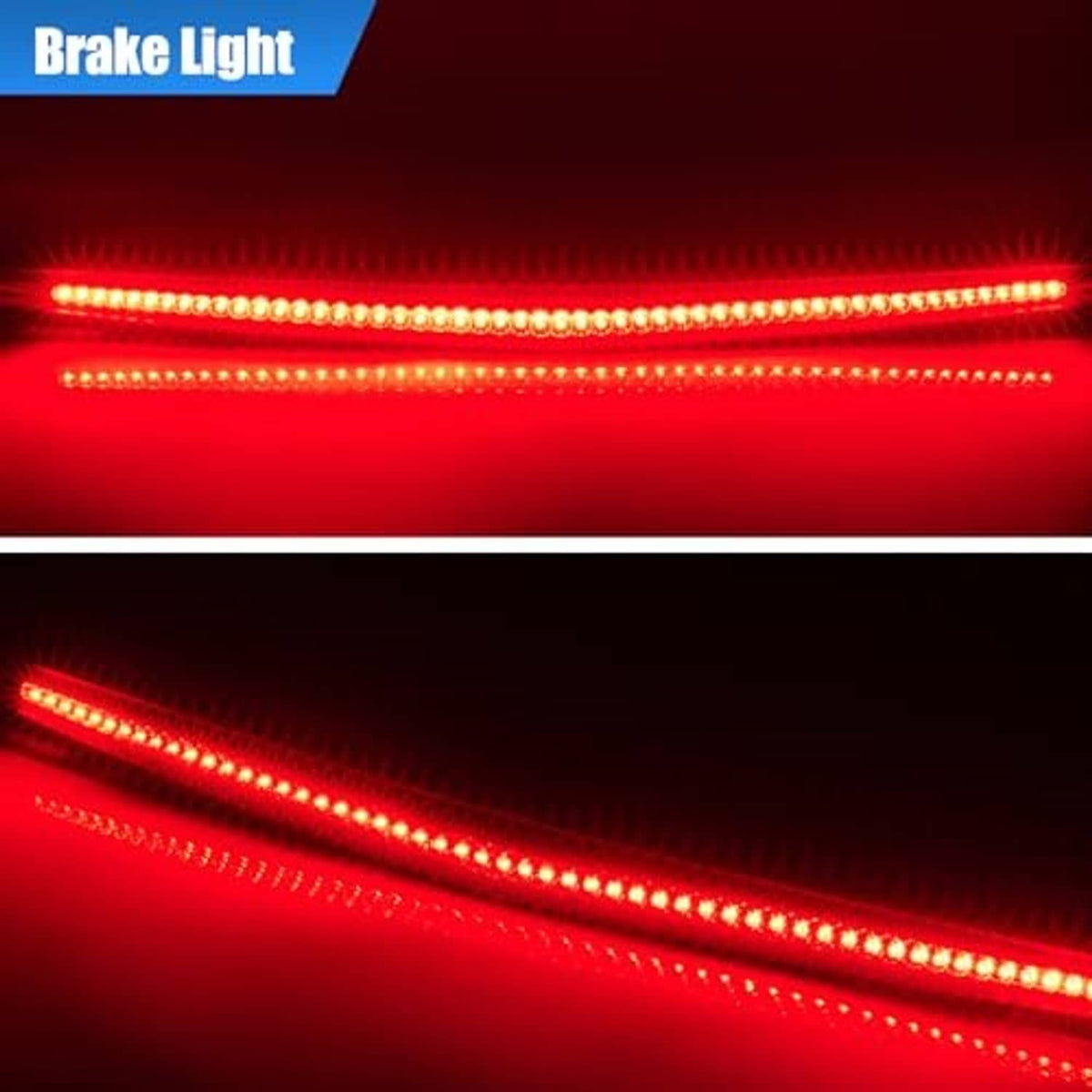 Red LED brake light strip with bright flashing illumination, close-up