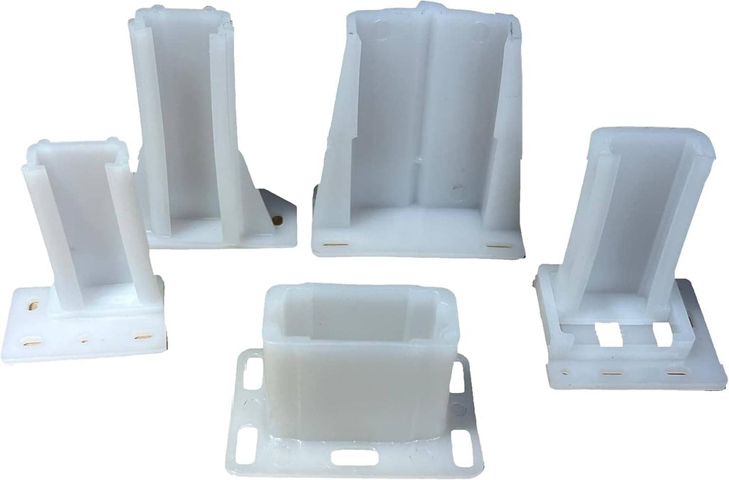 White rear cabinet slide bracket parts, open-faced track hardware components