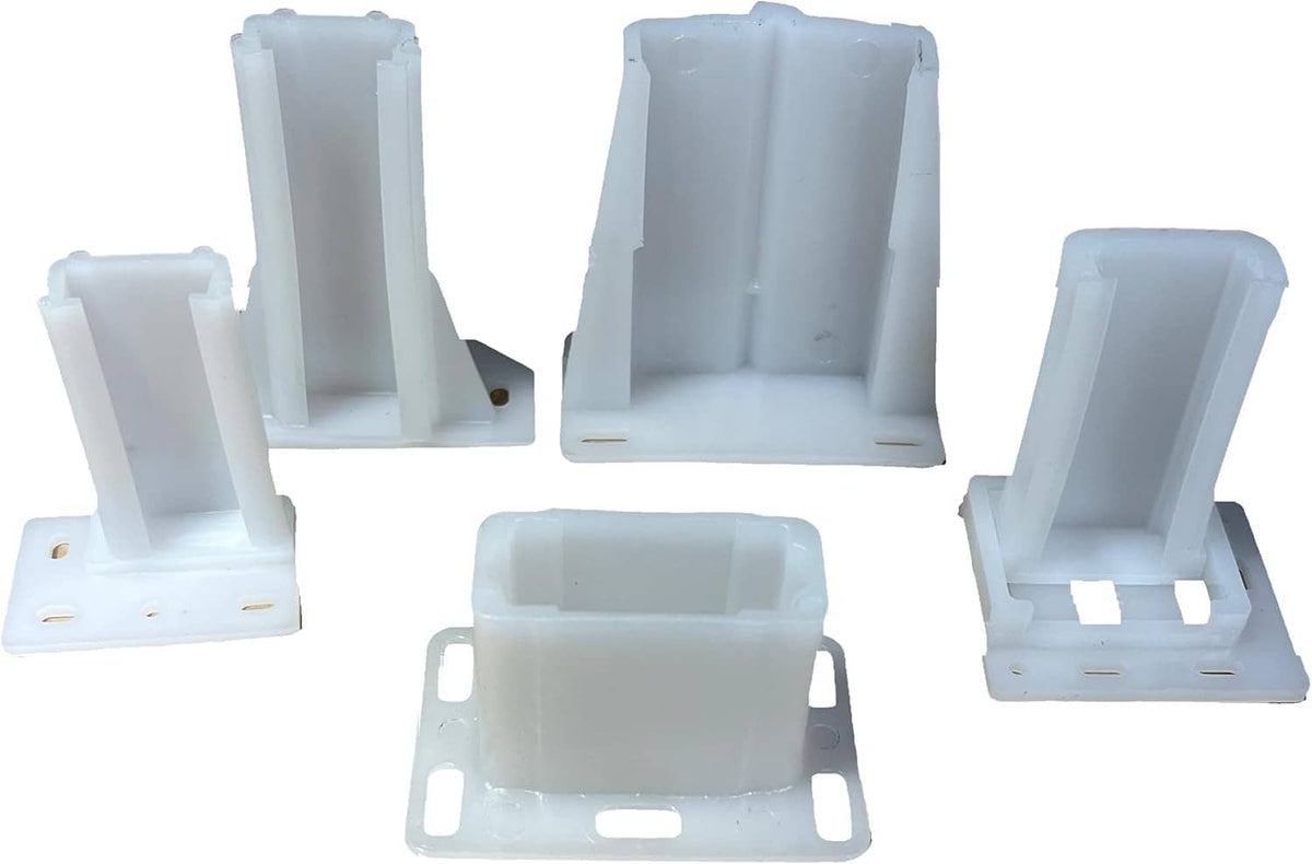 White rear cabinet slide bracket parts, open-faced track hardware components