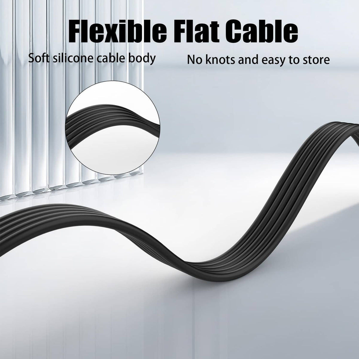 Black flexible flat USB-C extension cable with smooth ribbed silicone texture