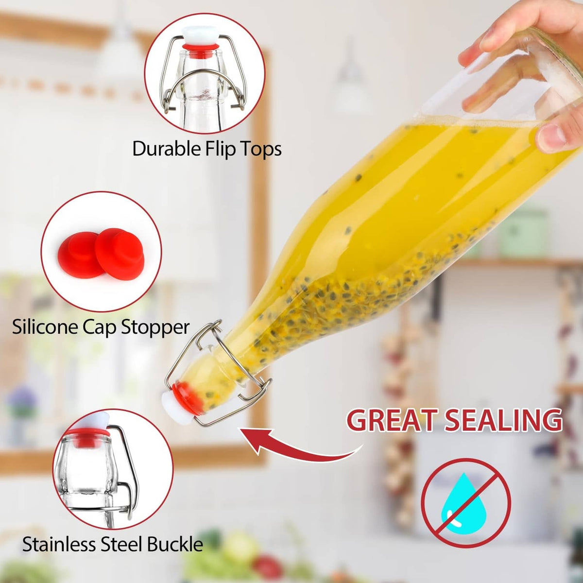 Clear glass swing-top bottle with red flip top, showing silicone cap stopper detail