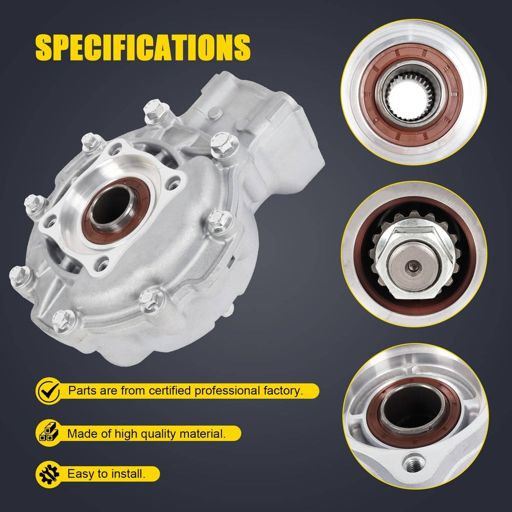 Rear differential gear case with seal opening and inset component detail views