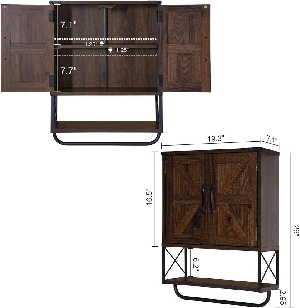Wood medicine cabinet dimensions view: double barn doors, black metal frame, towel bar base