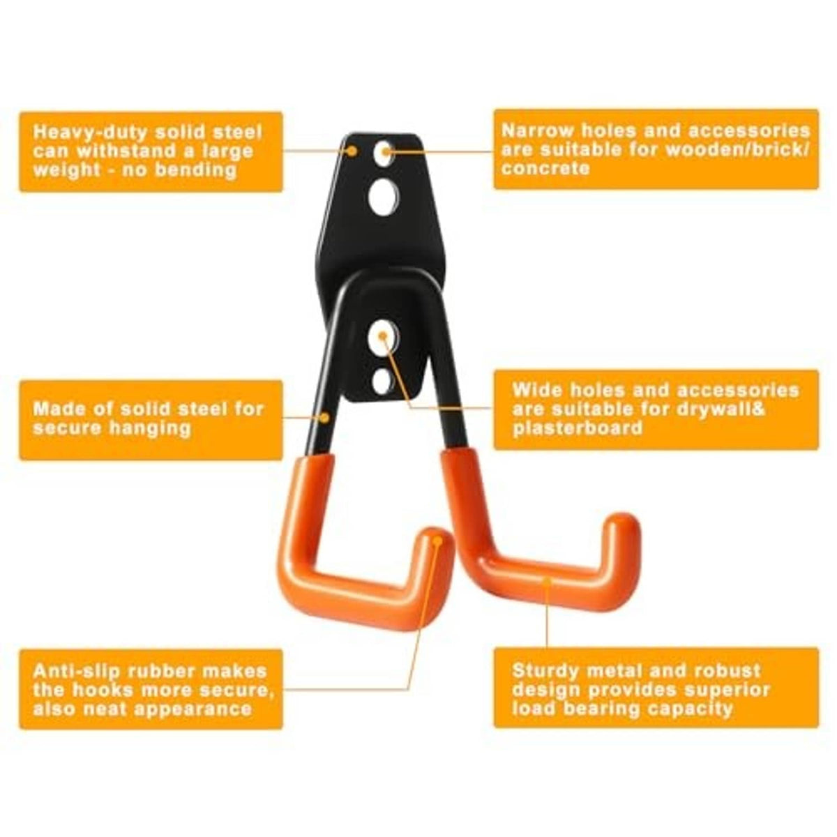 Heavy-duty wall hooks with black steel frame and orange anti-slip rubber double arms