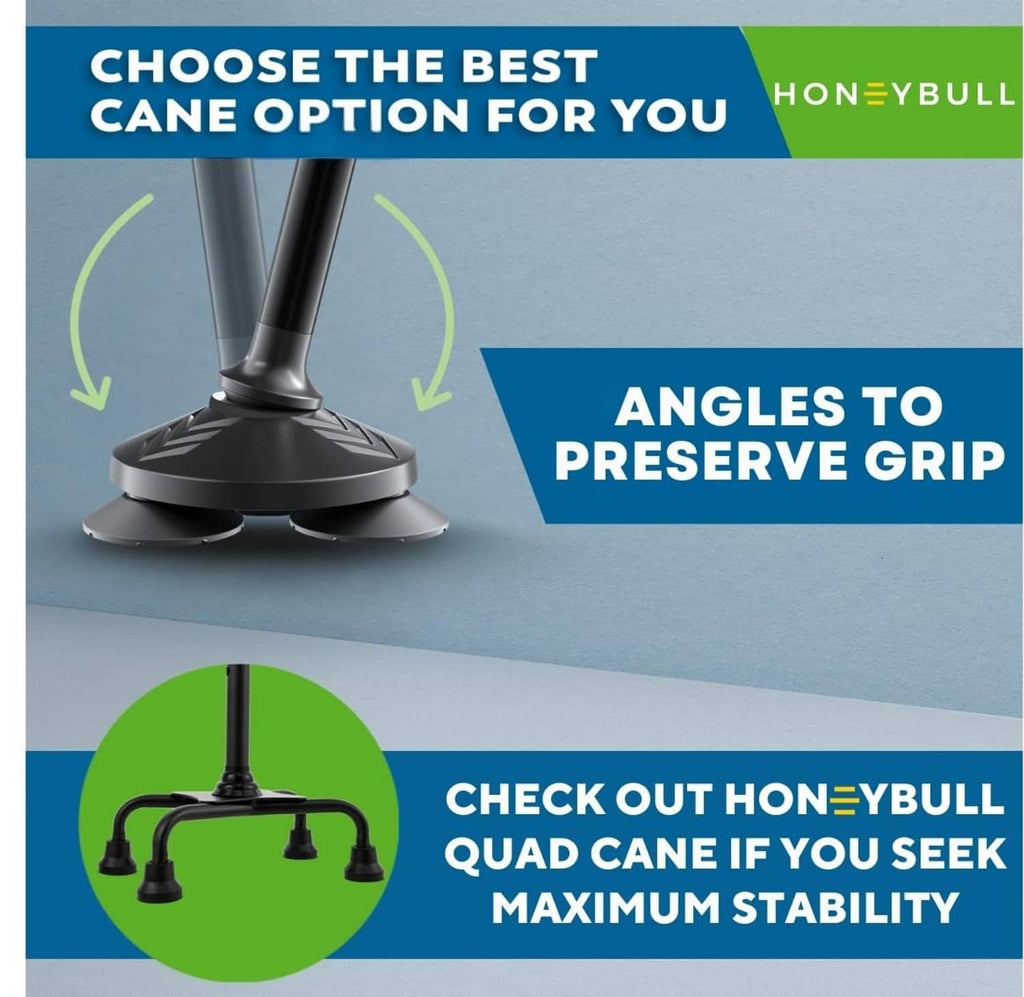 Walking cane with angled quad base for improved grip on the floor