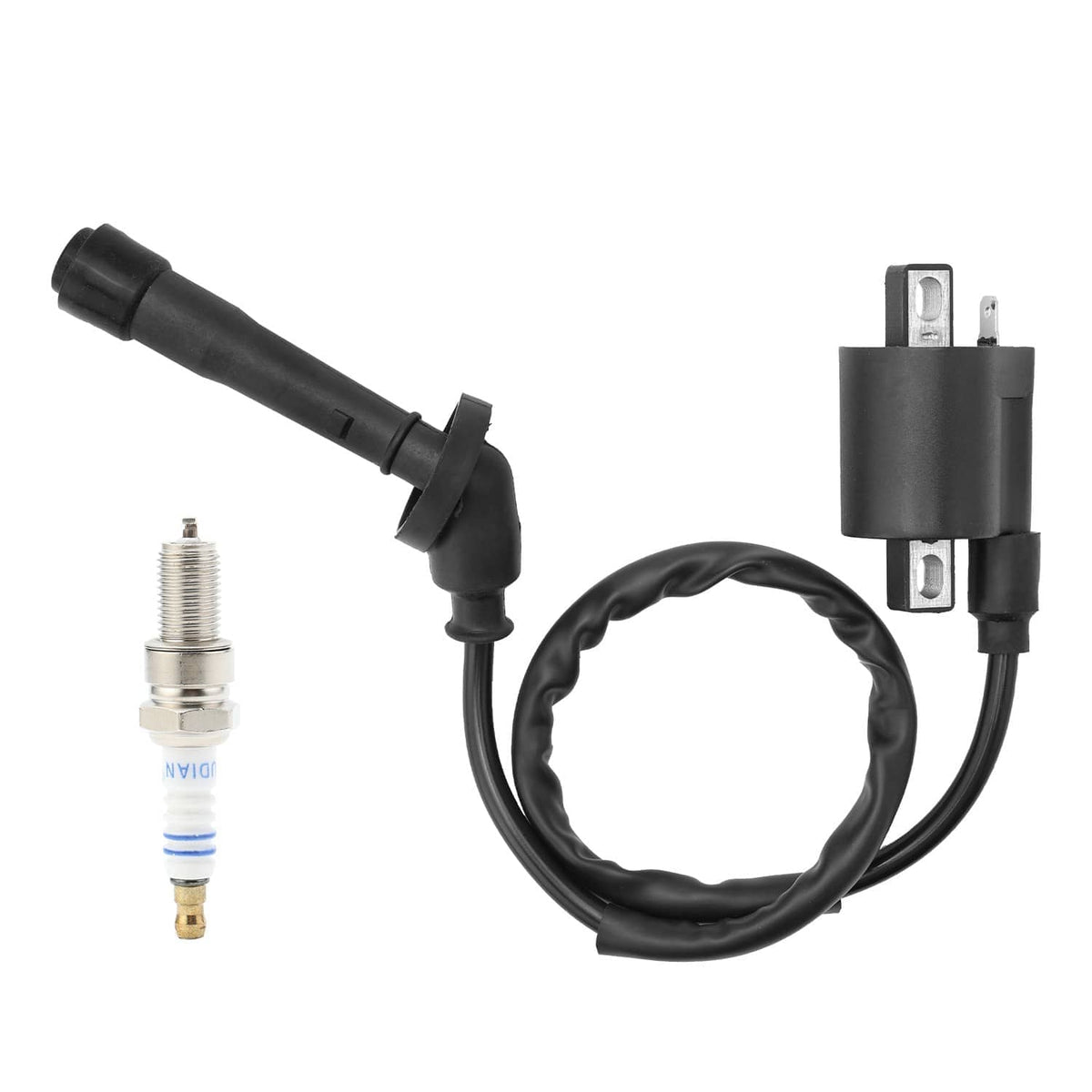 Motorcycle ignition coil with spark plug and black wiring harness
