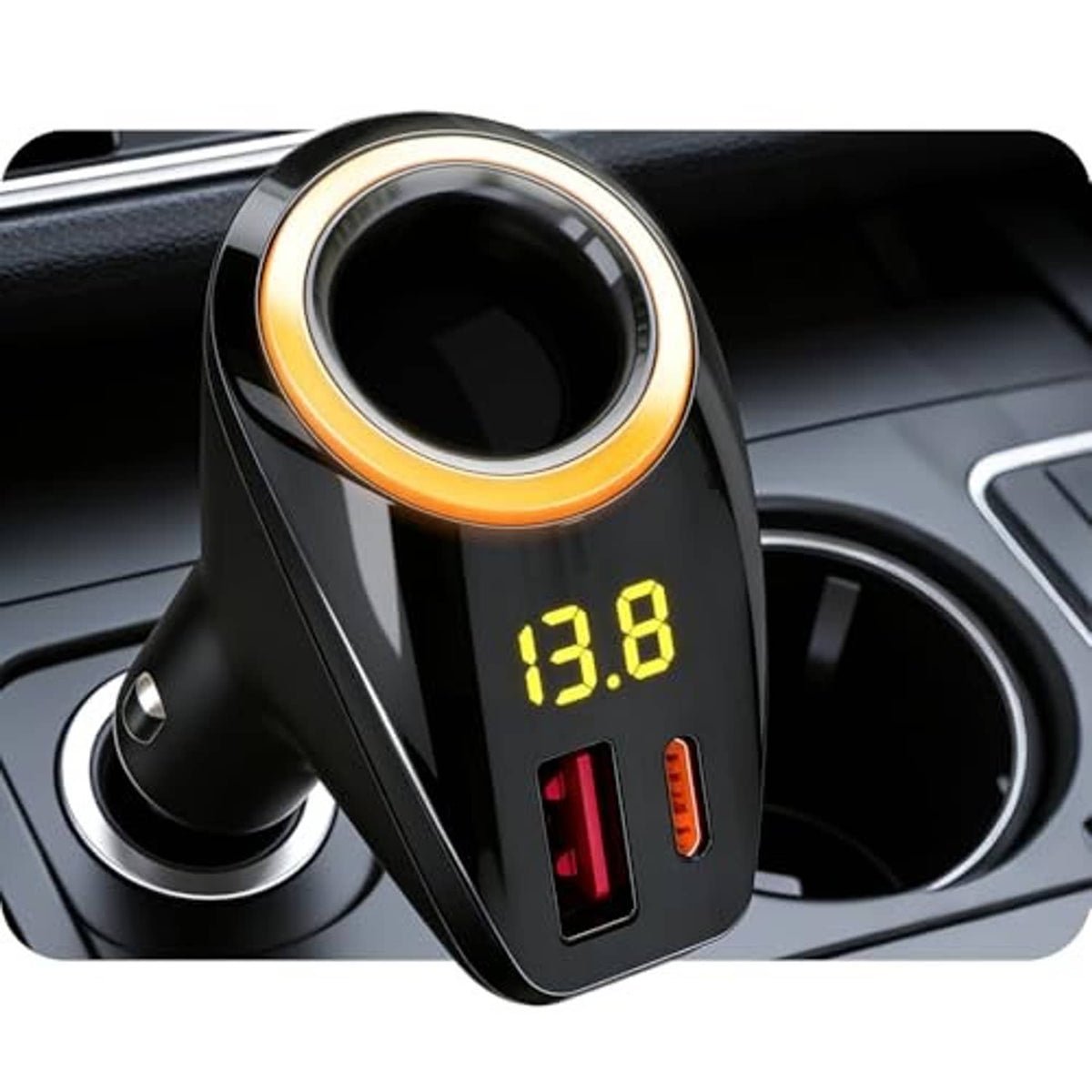 Black car cigarette lighter splitter adapter with circular ring and 13.8 LED display