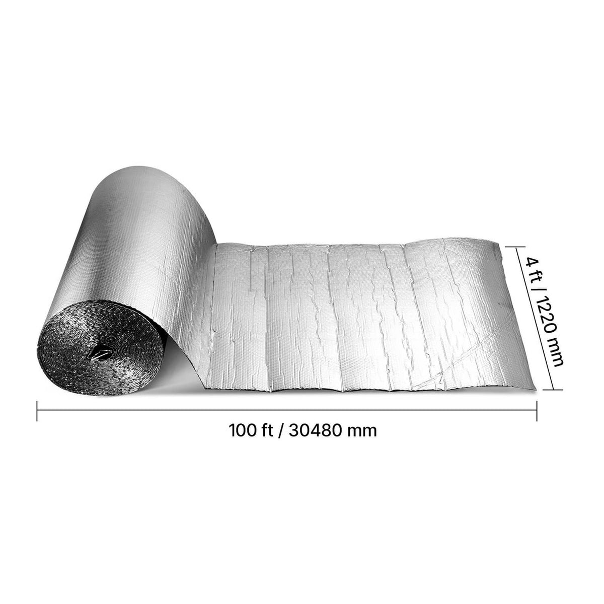 Reflective insulation roll with silver foil cylinder end and creased barrier sheet