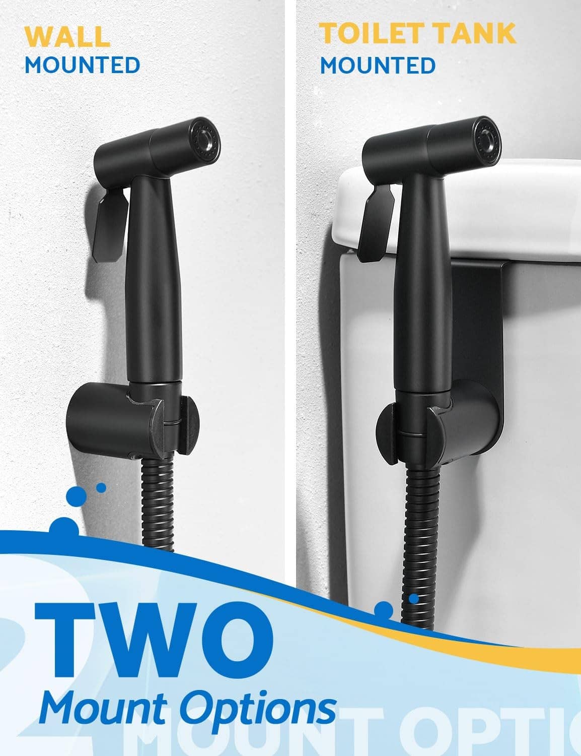 Matte black bidet sprayer shown in wall-mount and toilet-tank mount configurations