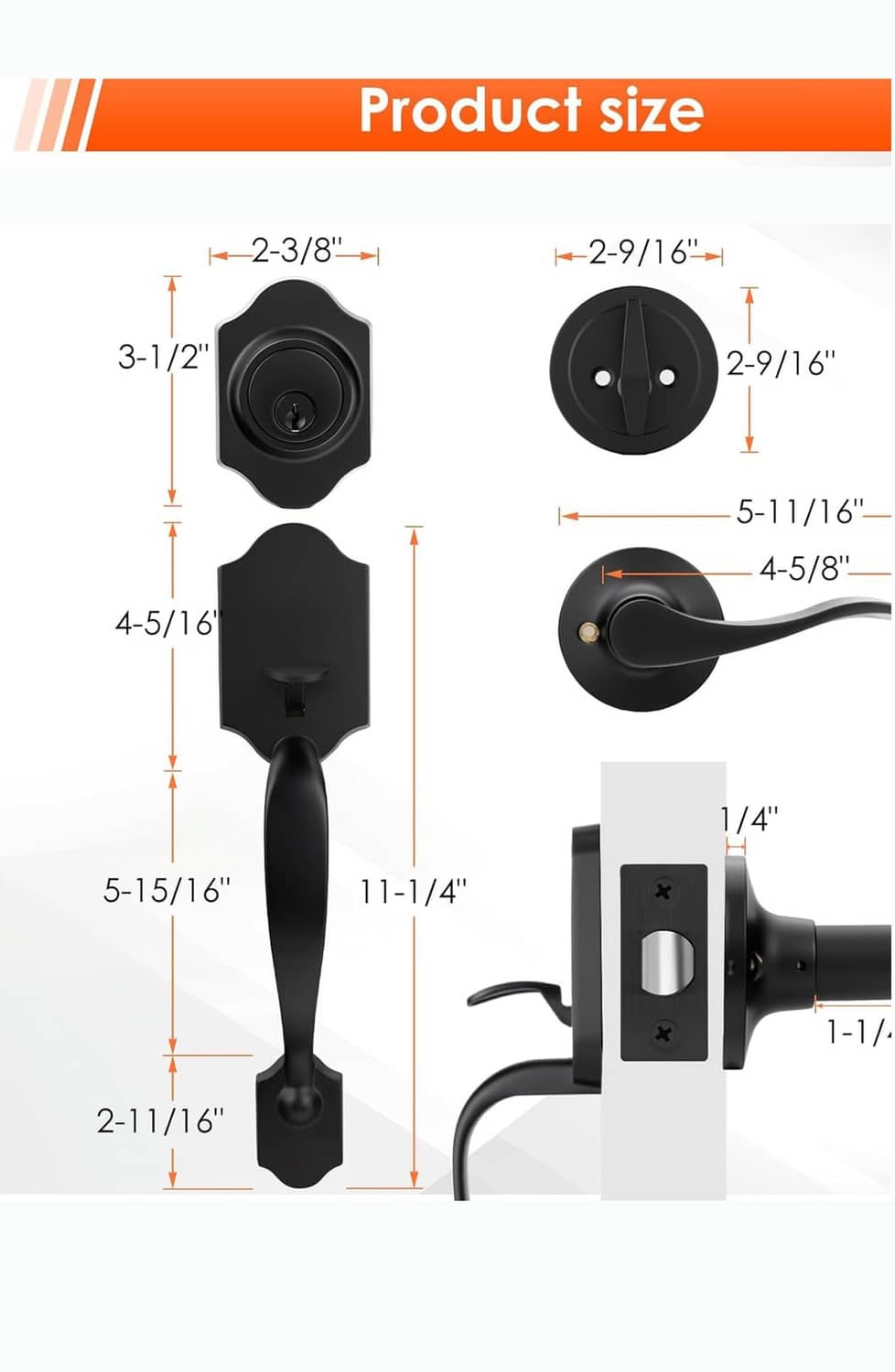 Matte black deadbolt and handle set product size diagram with measurement markings