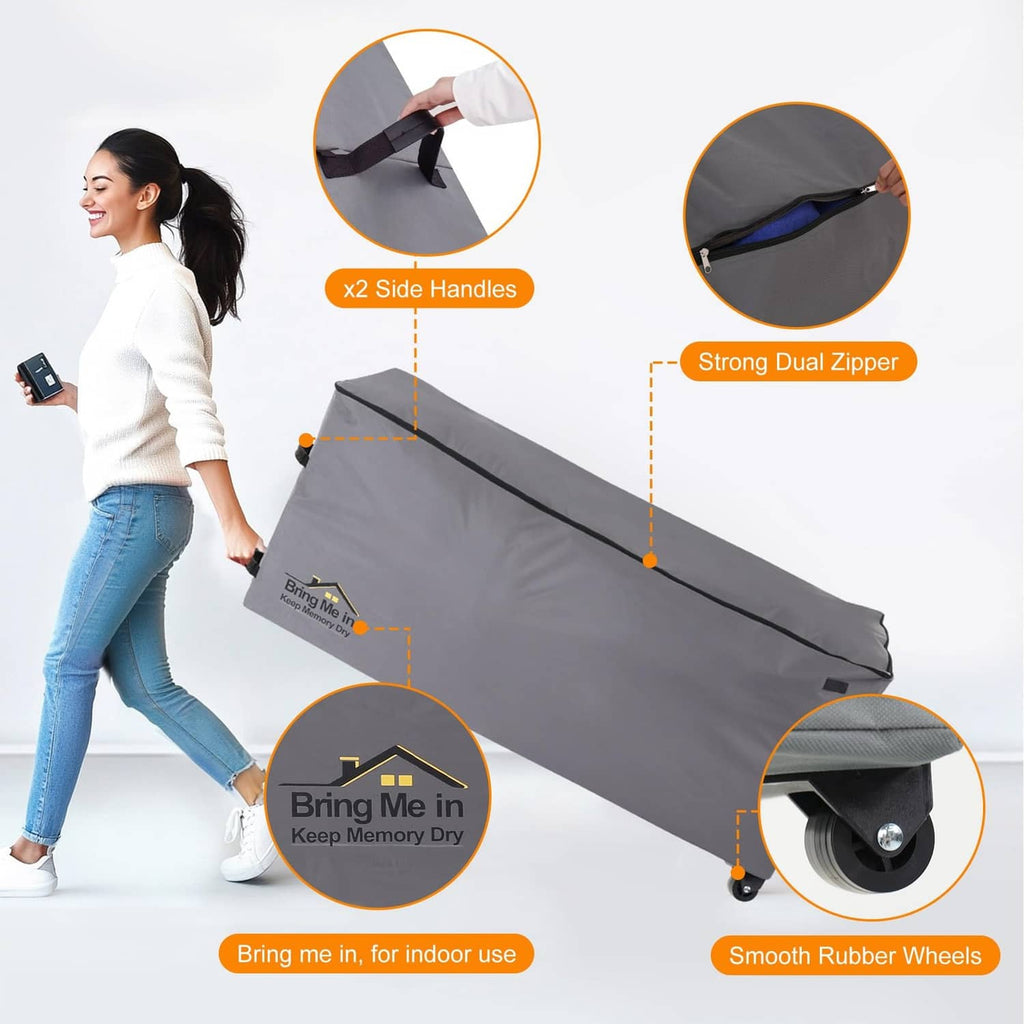 Grey storage bag with dual zippers, side handles, and smooth rubber wheels.