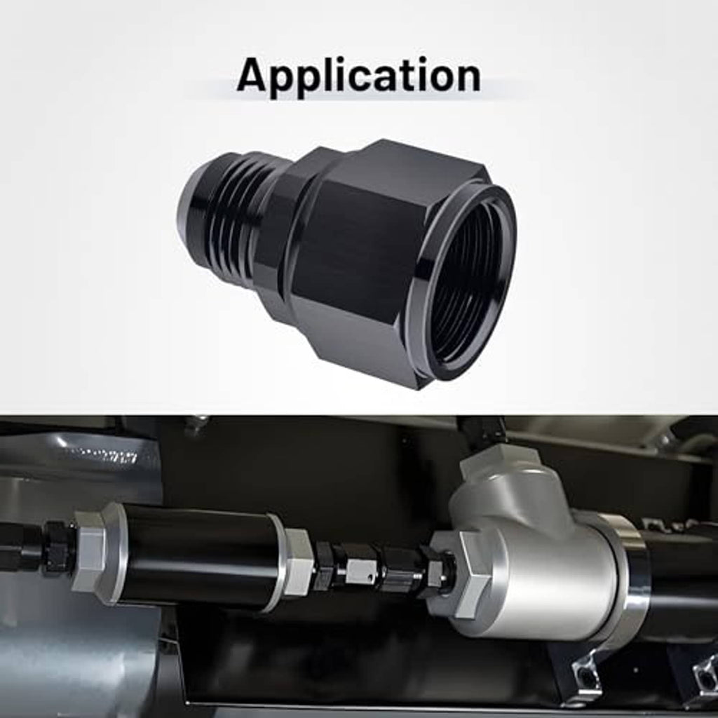 Black AN fitting adapter installed on a metal line, showing threaded connection ends