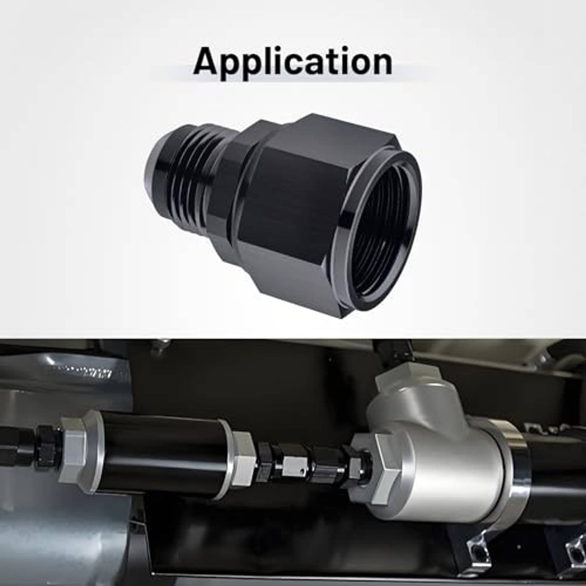 Black AN fitting adapter installed on a metal line, showing threaded connection ends