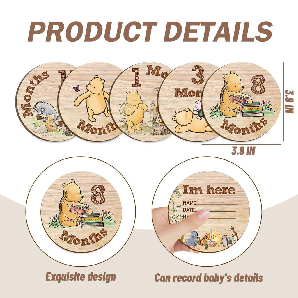 Wooden baby milestone circle signs showing months 1, 3, 7, 8, 9, 12 with name/date area.