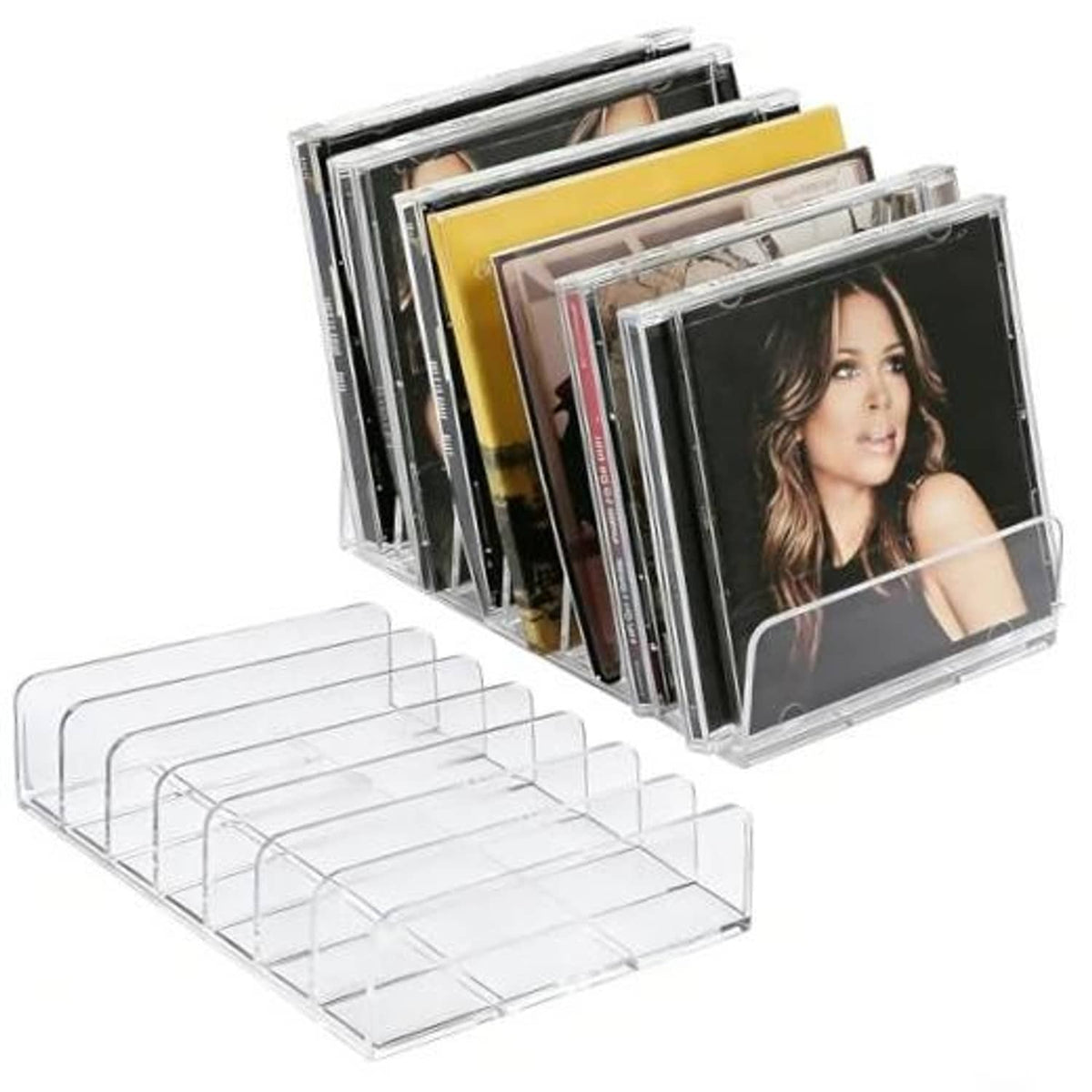 Clear acrylic CD storage organizer with 7 slots and curved front, holds jewel cases