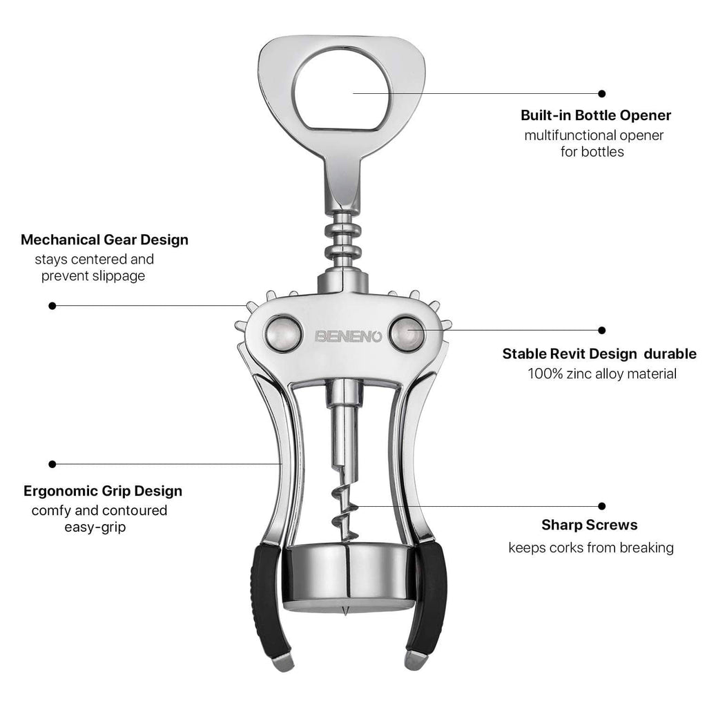Silver multi-function wing corkscrew bottle opener with black grip handles