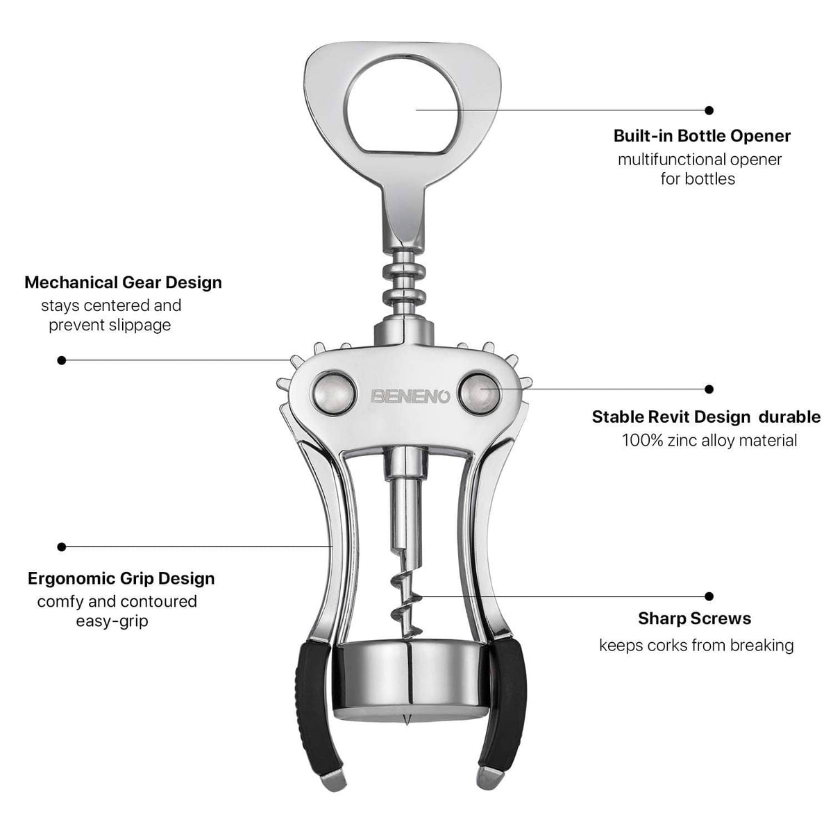 Silver multi-function wing corkscrew bottle opener with black grip handles