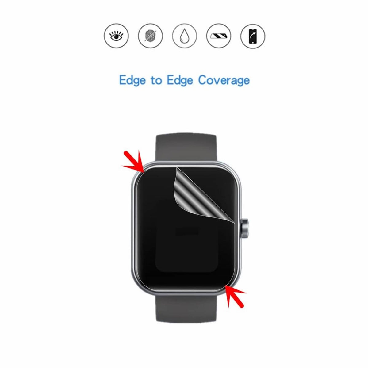 Edge-to-edge transparent screen protector film on smartwatch black display, gray strap